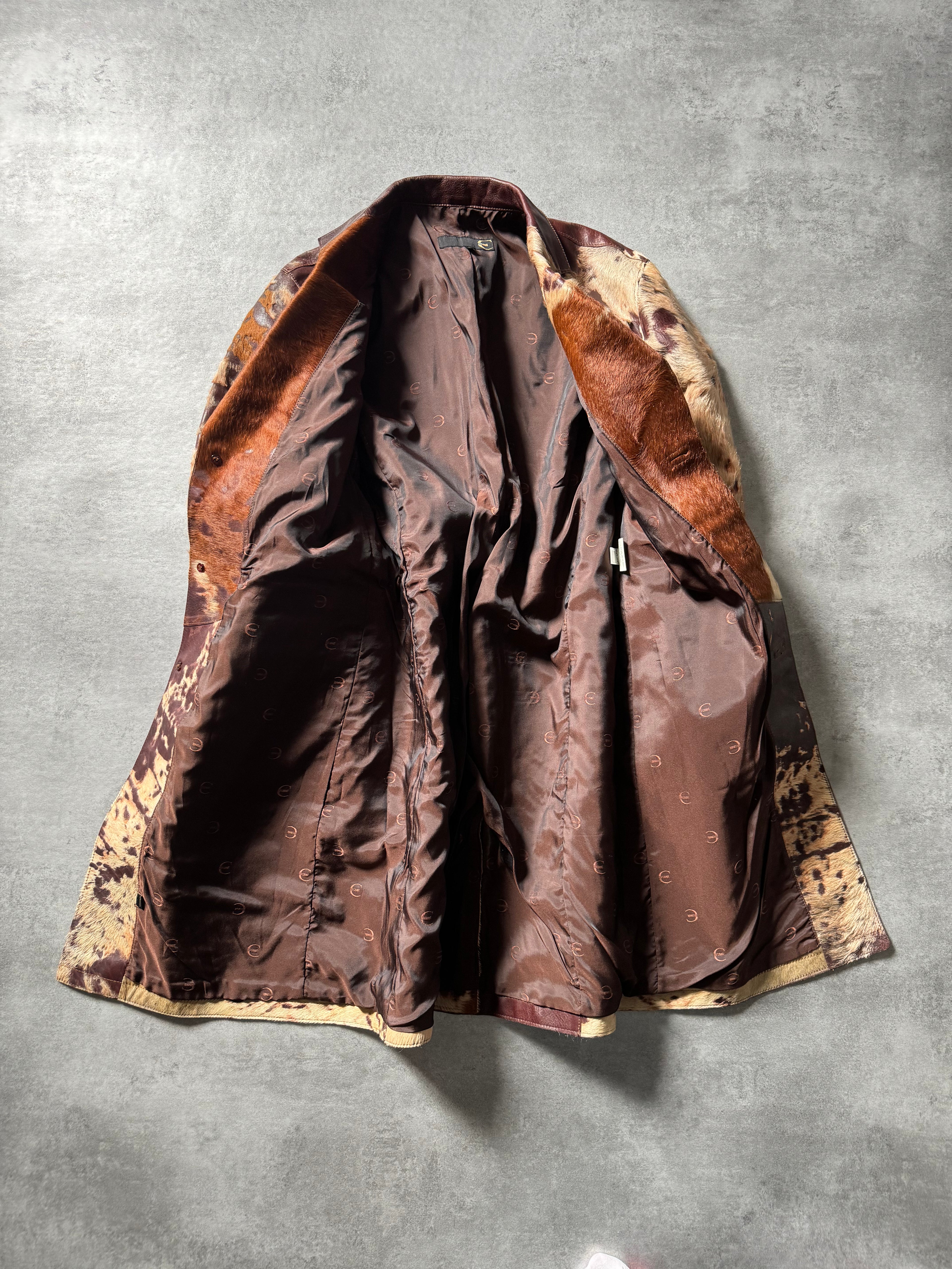 2000s Cavalli Imperial Brown Pony Hair Long Leather Jacket (L) - 10