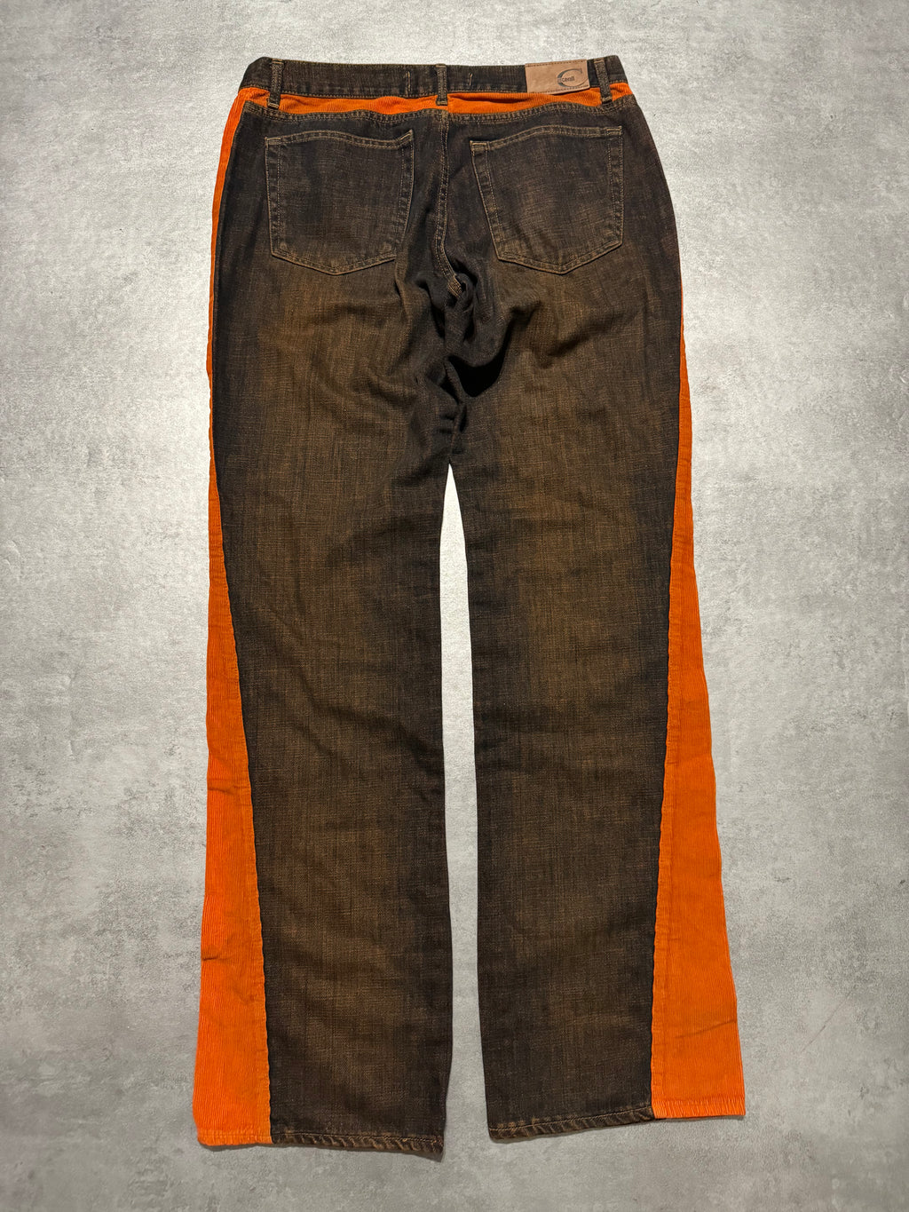2000s Cavalli Straight Large Orange Velvet & Faded Denim Jeans (L) - 4