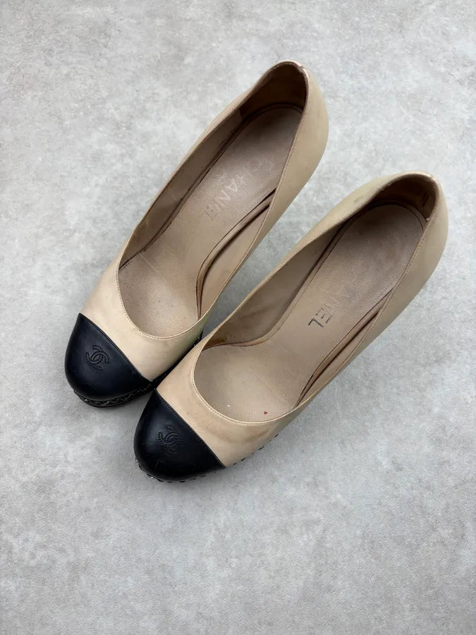 Chanel Beige Leather Chain Link Platform Heels uOebzZn 2