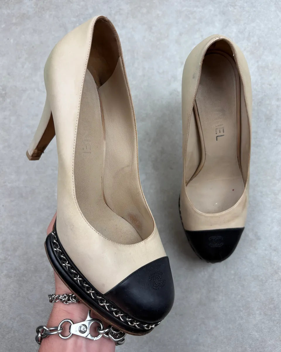 Chanel Beige Leather Chain Link Platform Heels uOebzZn 0