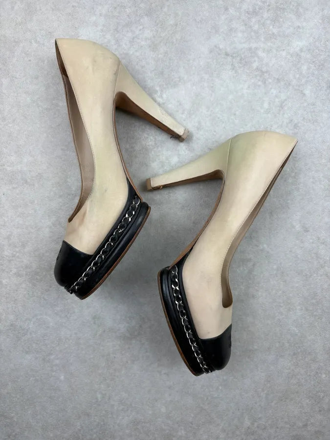 Chanel Beige Leather Chain Link Platform Heels uOebzZn 3