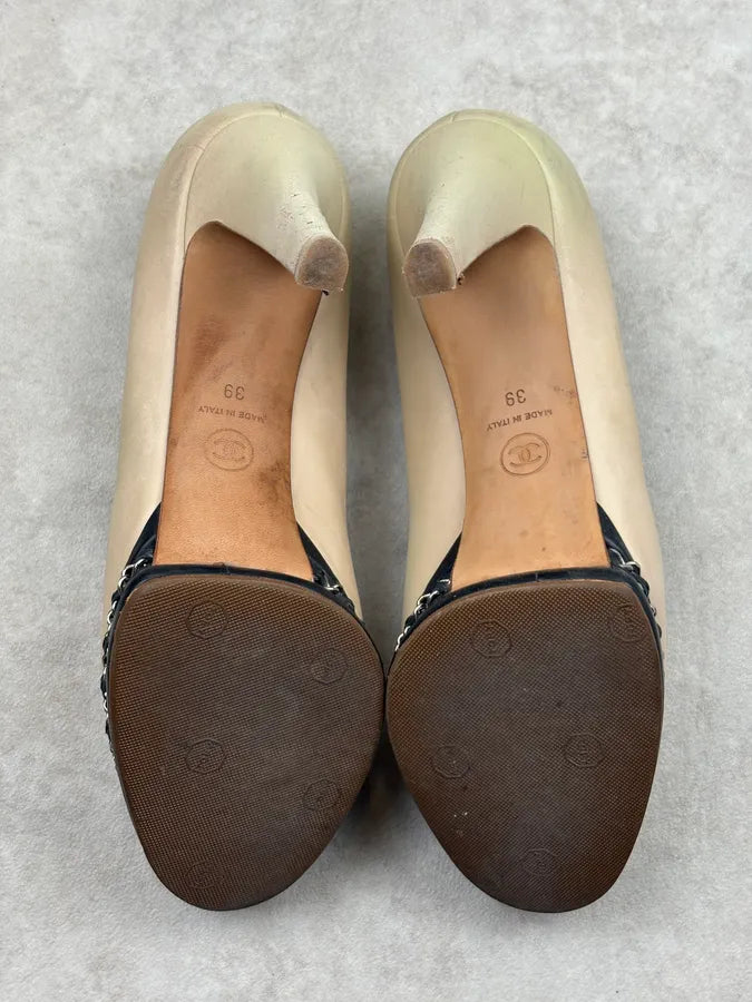 Chanel Beige Leather Chain Link Platform Heels uOebzZn 6