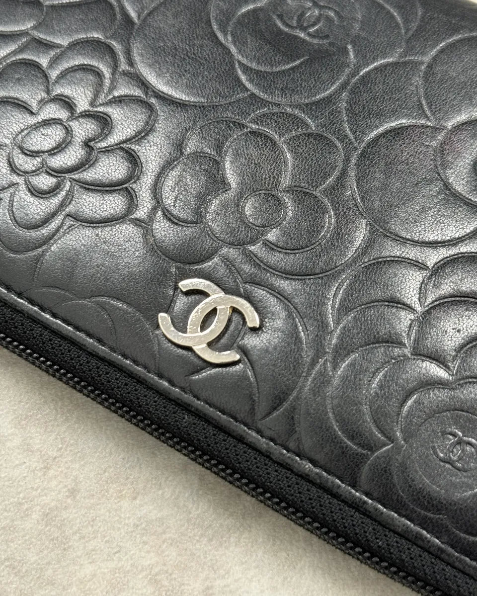 Chanel Black Lambskin Camellia Embossed Leather Wallet UpJFmen 1