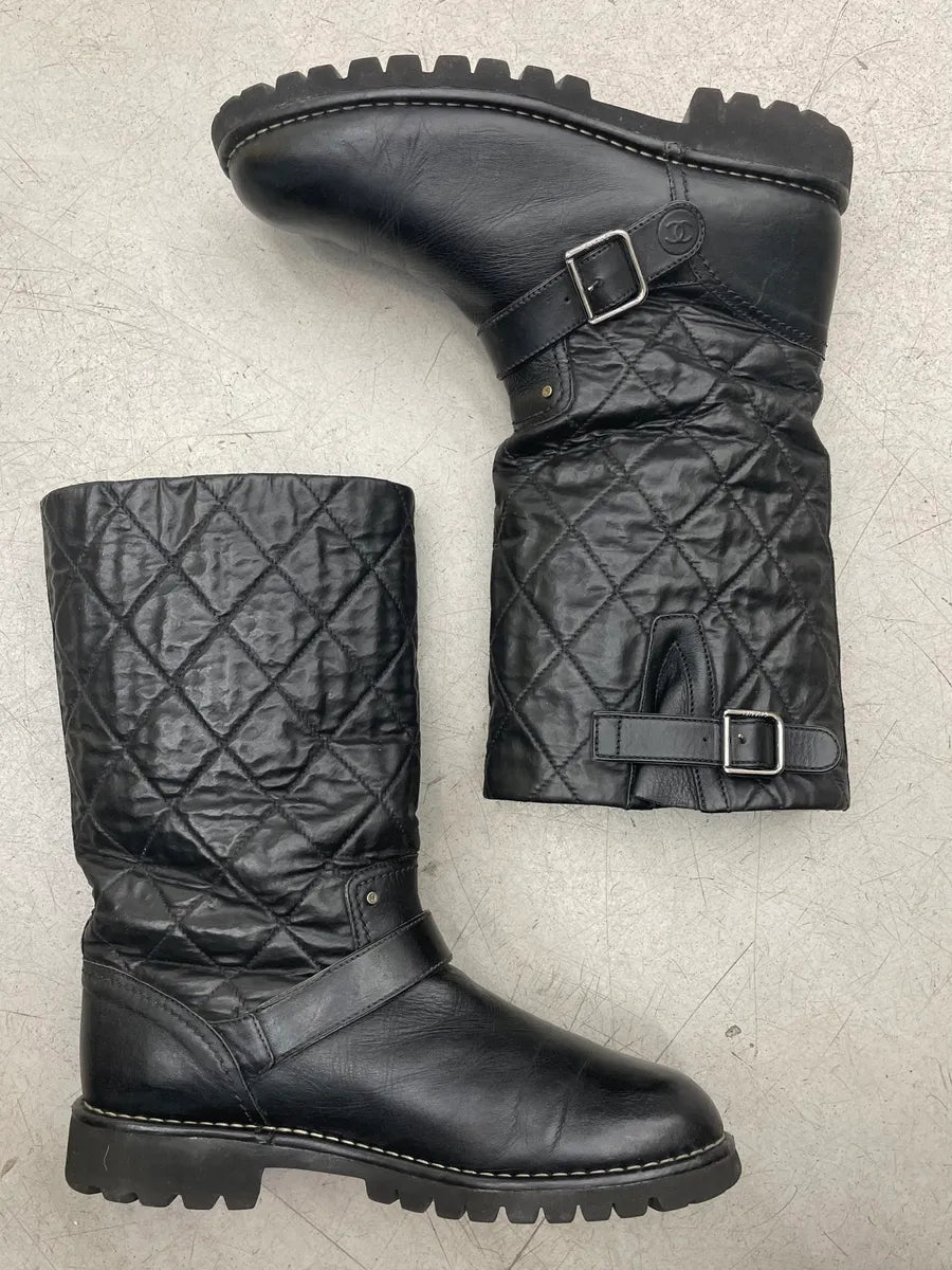 Chanel Black Leather Quilted Biker Boots hXdGHcs 2