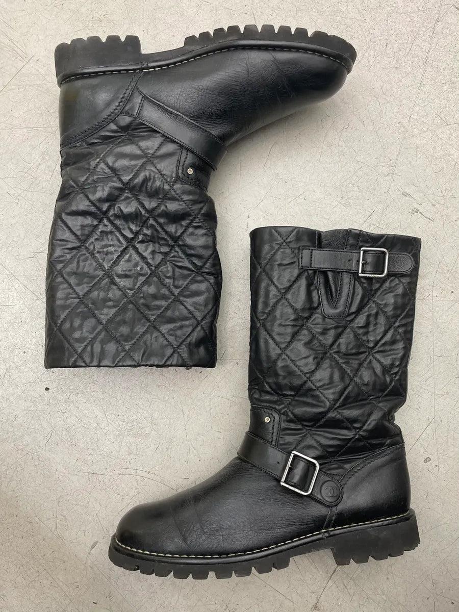 Chanel Black Leather Quilted Biker Boots hXdGHcs 1
