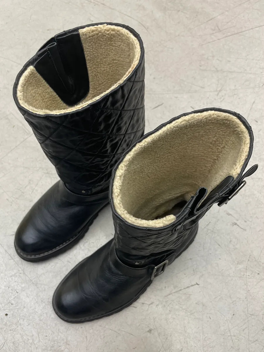 Chanel Black Leather Quilted Biker Boots hXdGHcs 4