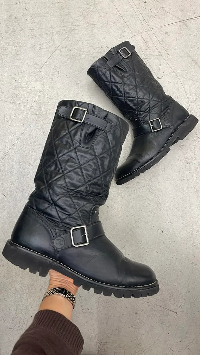 Chanel Black Leather Quilted Biker Boots hXdGHcs 0