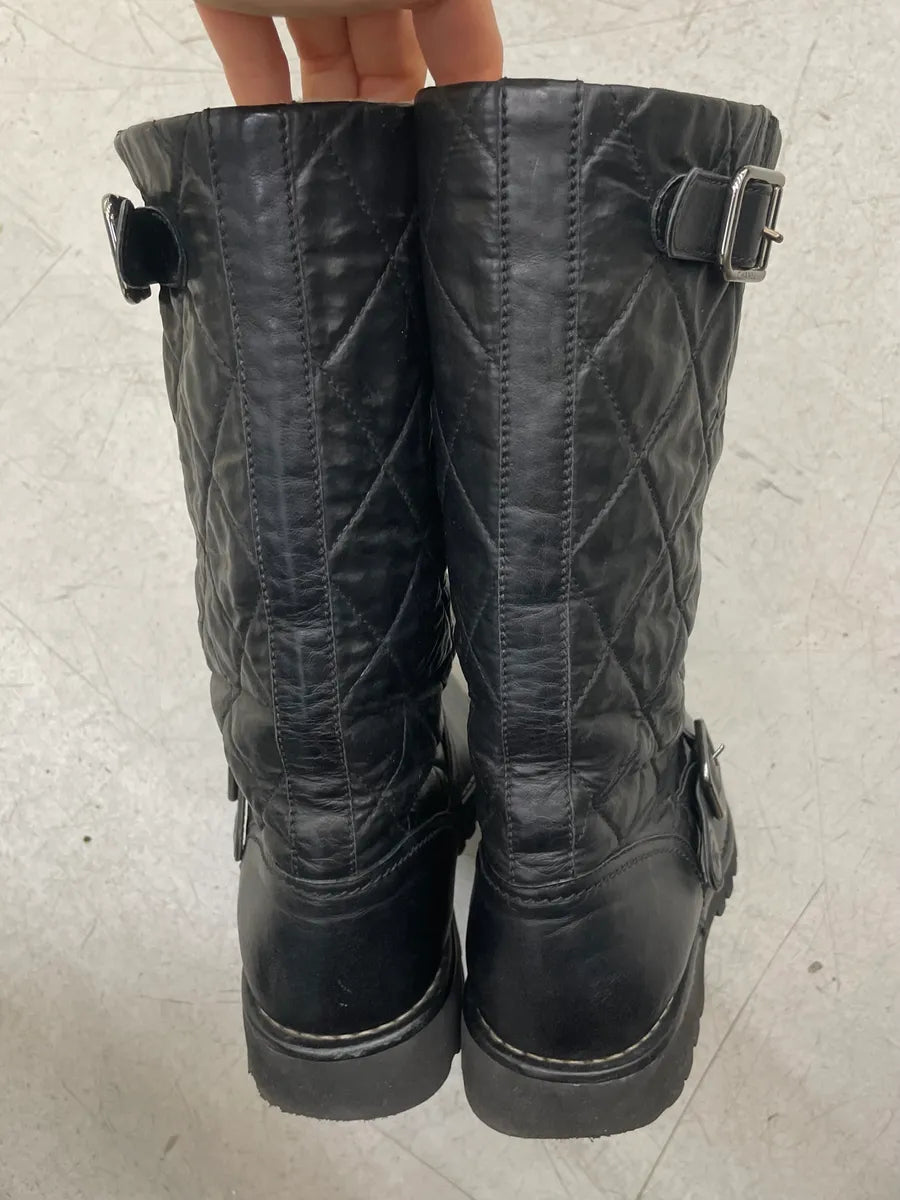 Chanel Black Leather Quilted Biker Boots hXdGHcs 5