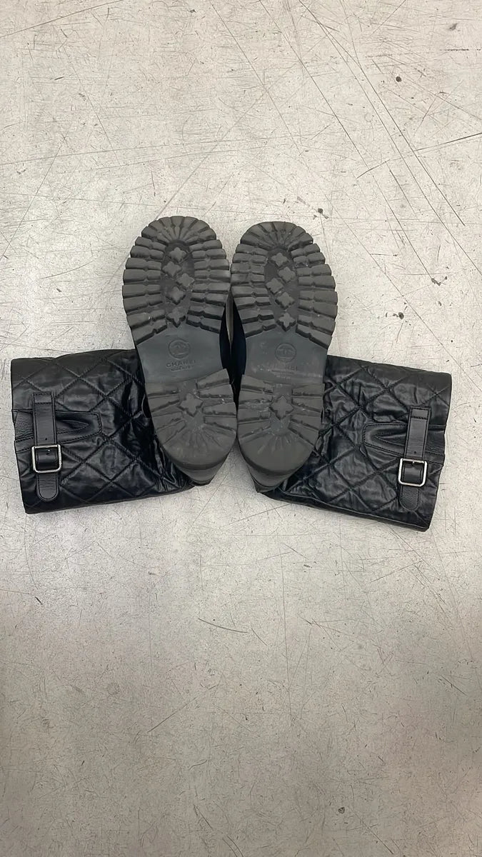 Chanel Black Leather Quilted Biker Boots hXdGHcs 7