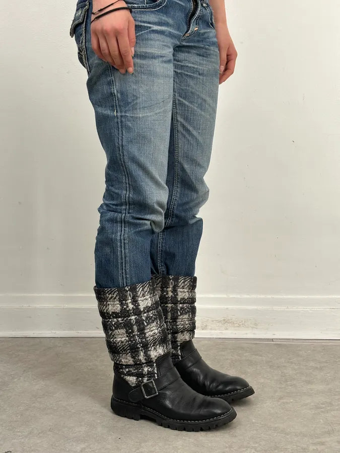 Chanel Black Leather Quilted Biker Boots UYPaTeJ 1