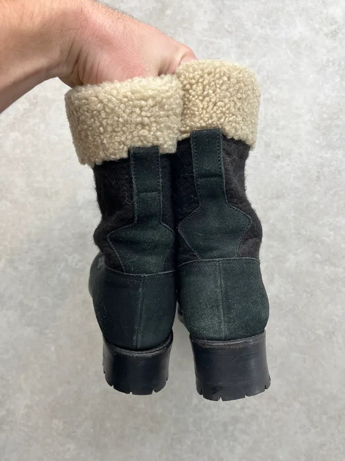 Chanel Black Suede Shearling-Lined Lace-Up Boots UjXEyQr 5
