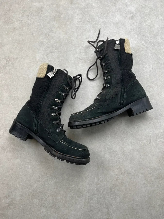 Chanel Black Suede Shearling-Lined Lace-Up Boots UjXEyQr 2