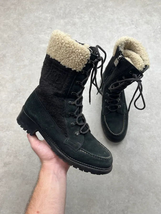 Chanel Black Suede Shearling-Lined Lace-Up Boots UjXEyQr 0