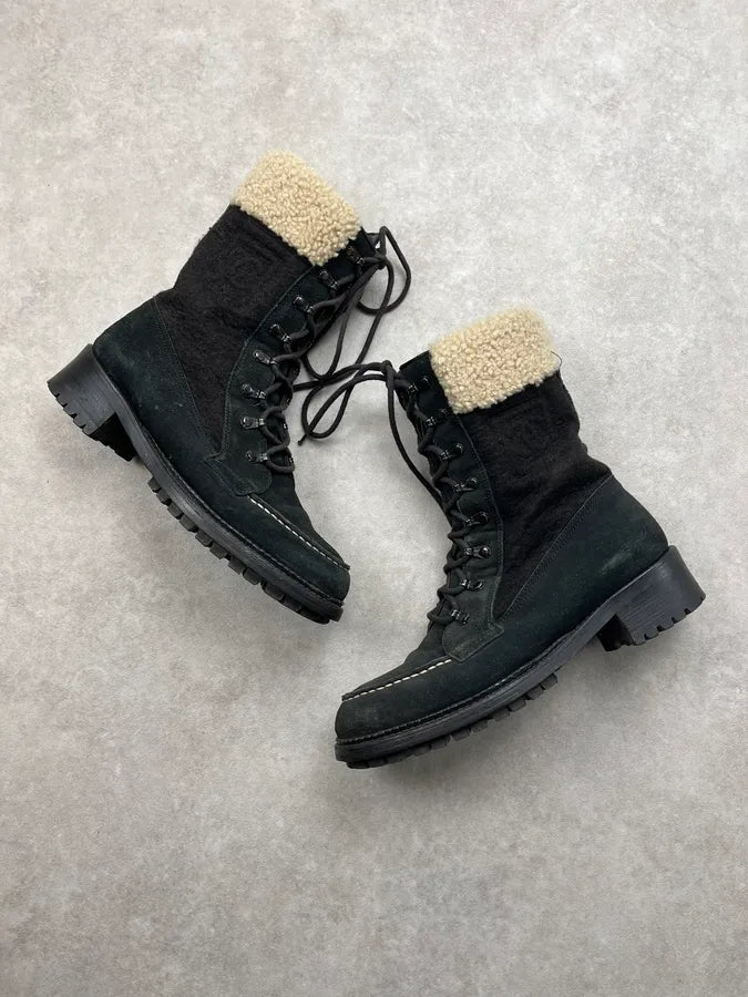 Chanel Black Suede Shearling-Lined Lace-Up Boots UjXEyQr 4