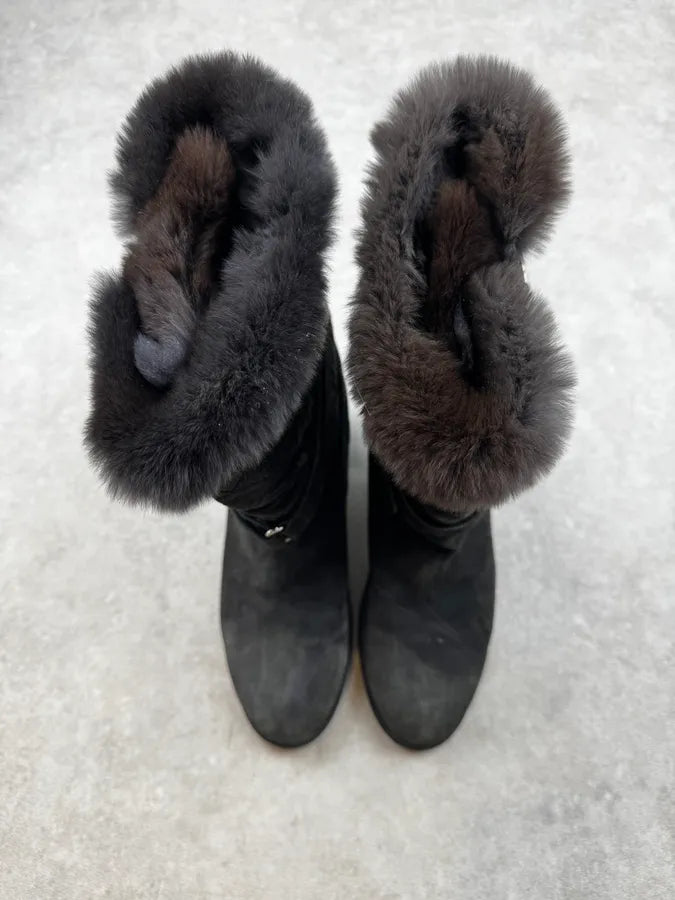 Chanel Black Suede Quilted Effect Fur Suede Boots QDqOGLo 5