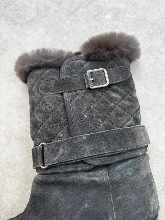 Chanel Black Suede Quilted Effect Fur Suede Boots QDqOGLo 3