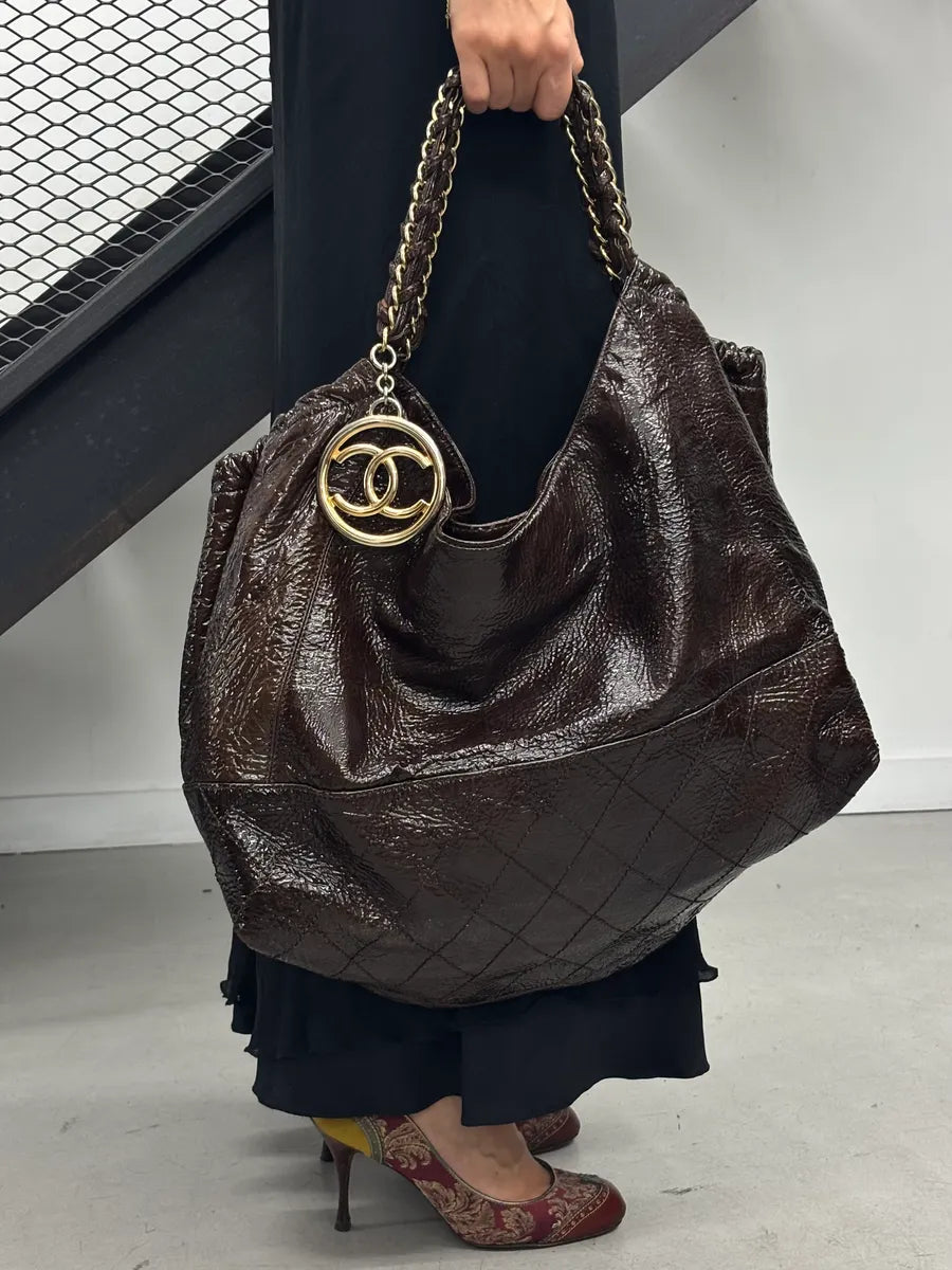 Chanel Brown Burgundy Patent Leather Coco Cabas Shoulder Bag QQYjQri 0