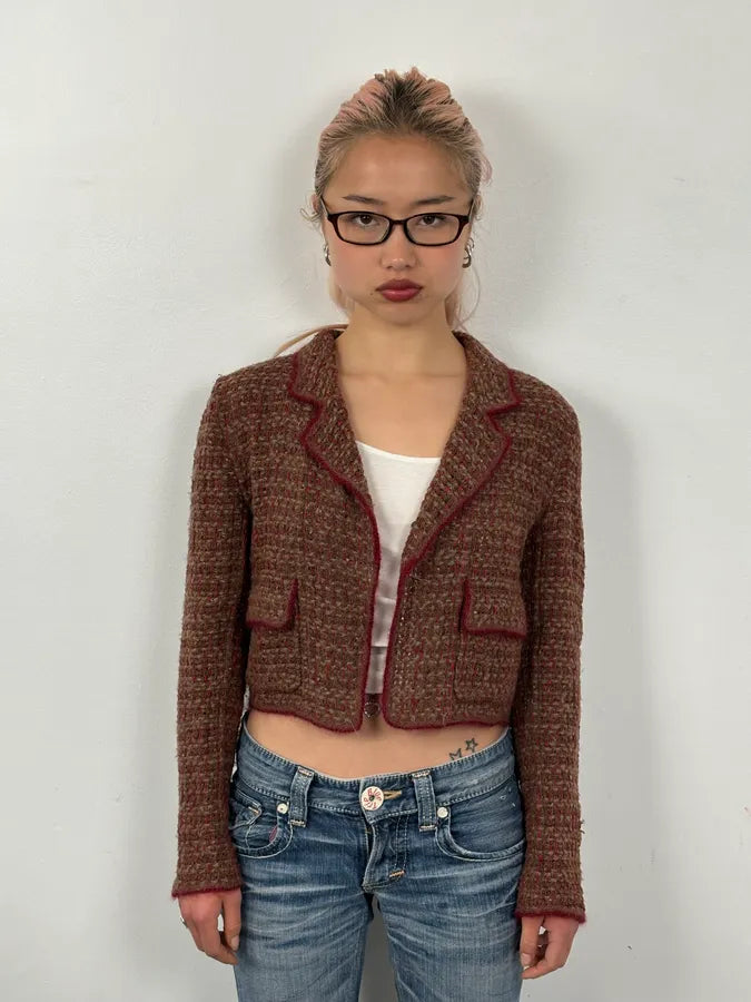 Chanel Burgundy Wool Tweed Contrast Trim Blazer VHVqpXO 1