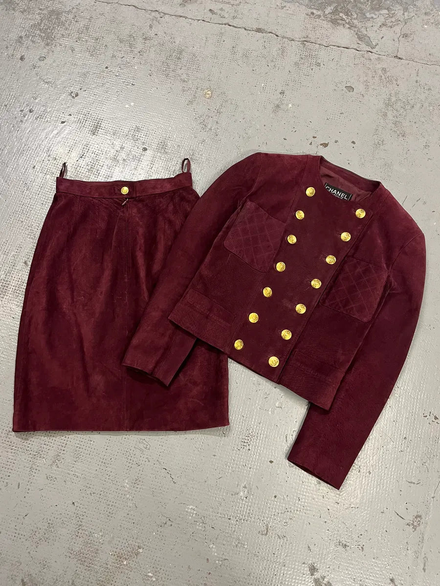 Chanel Double Breasted Bordeaux Suede Jacket & Skirt Set zZrqKJa 3