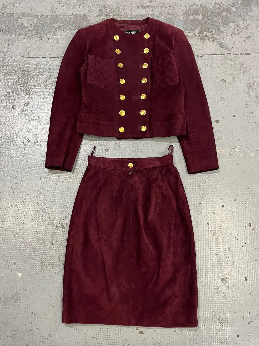 Chanel Double Breasted Bordeaux Suede Jacket & Skirt Set zZrqKJa 3