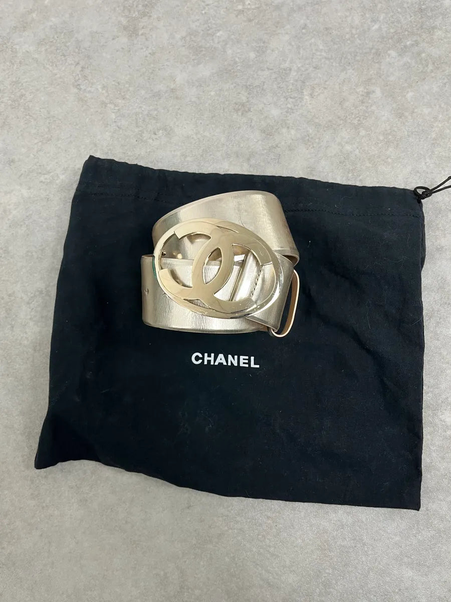 Chanel Silver Gold Leather Logo Propaganda Belt NOsAgap 1