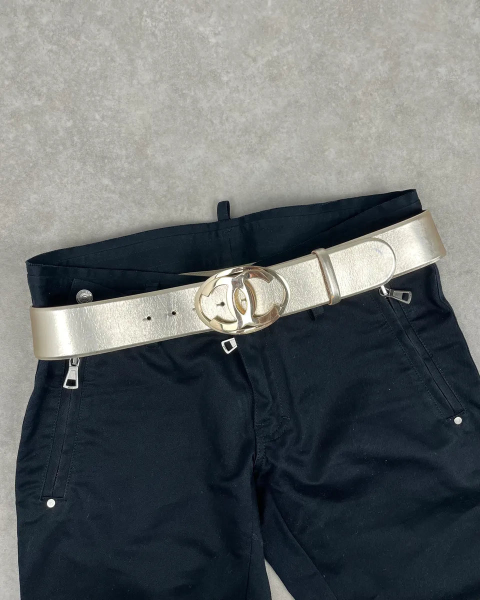 Chanel Silver Gold Leather Logo Propaganda Belt NOsAgap 0