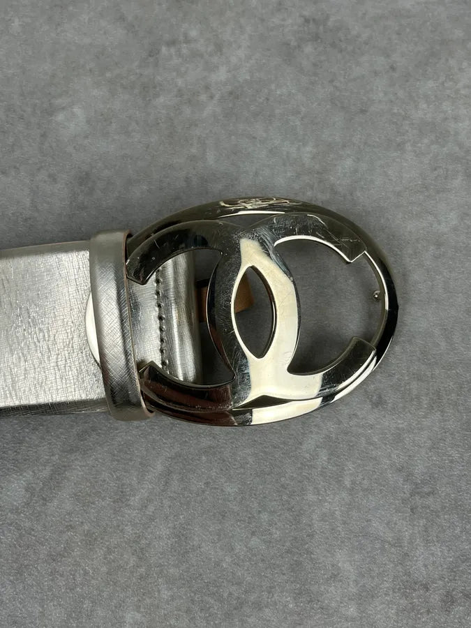 Chanel Silver Gold Leather Logo Propaganda Belt NOsAgap 4