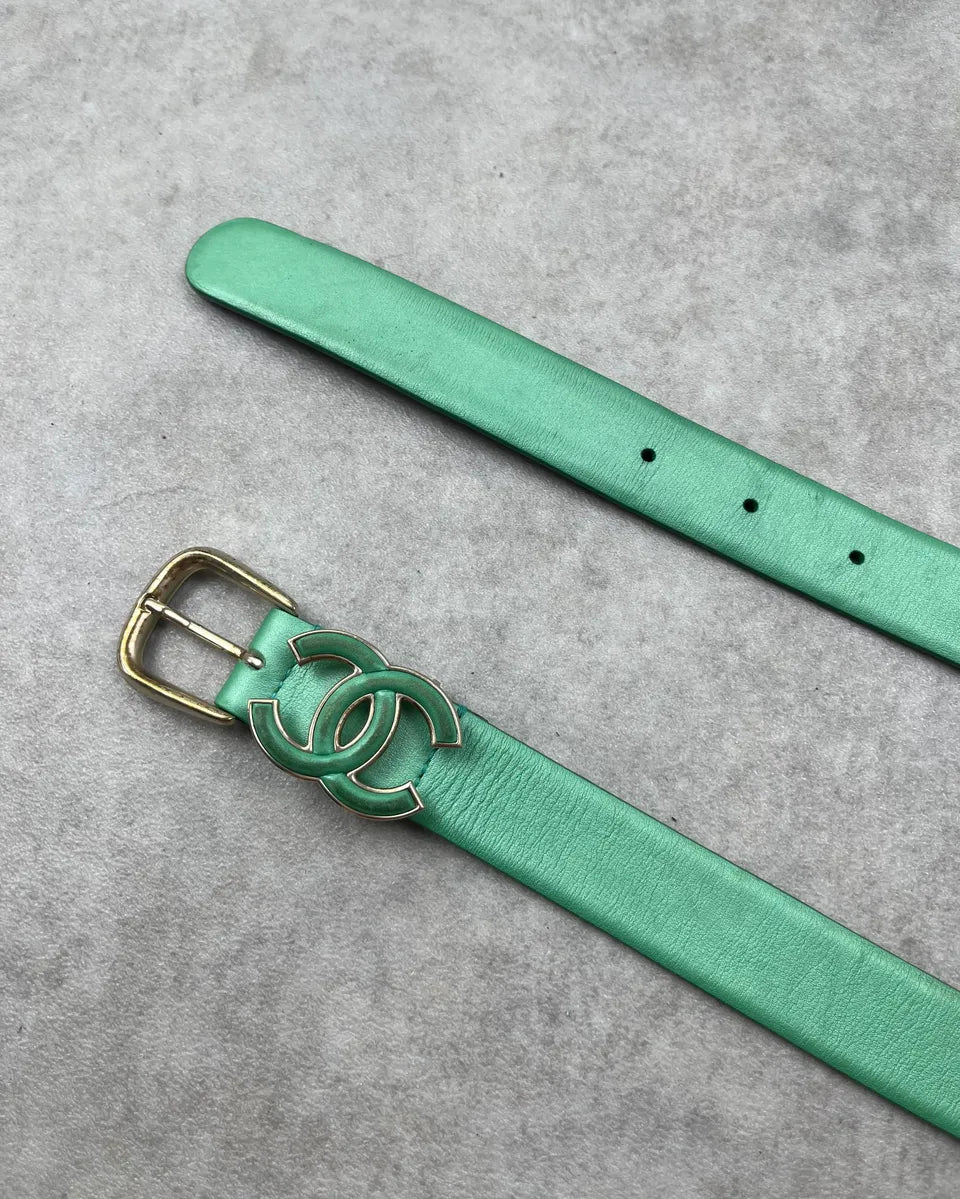 Chanel Green Leather Logo Bucke Belt kyAizBw 3