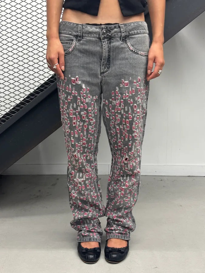 SS2011 Chanel Grey & Pink Denim Distressed Jeans ZxOllNI 1