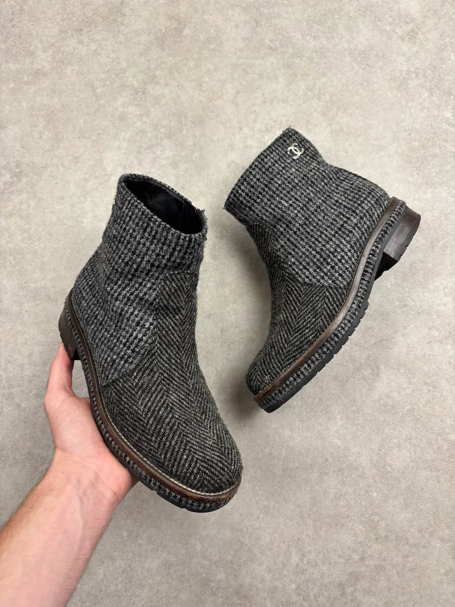 AW2013 Chanel Grey Tweed Tartan Wool Boots LJbOlbB 0