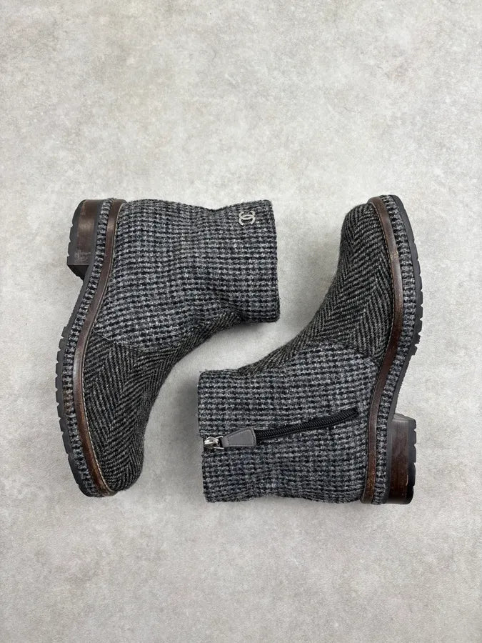 AW2013 Chanel Grey Tweed Tartan Wool Boots LJbOlbB 5