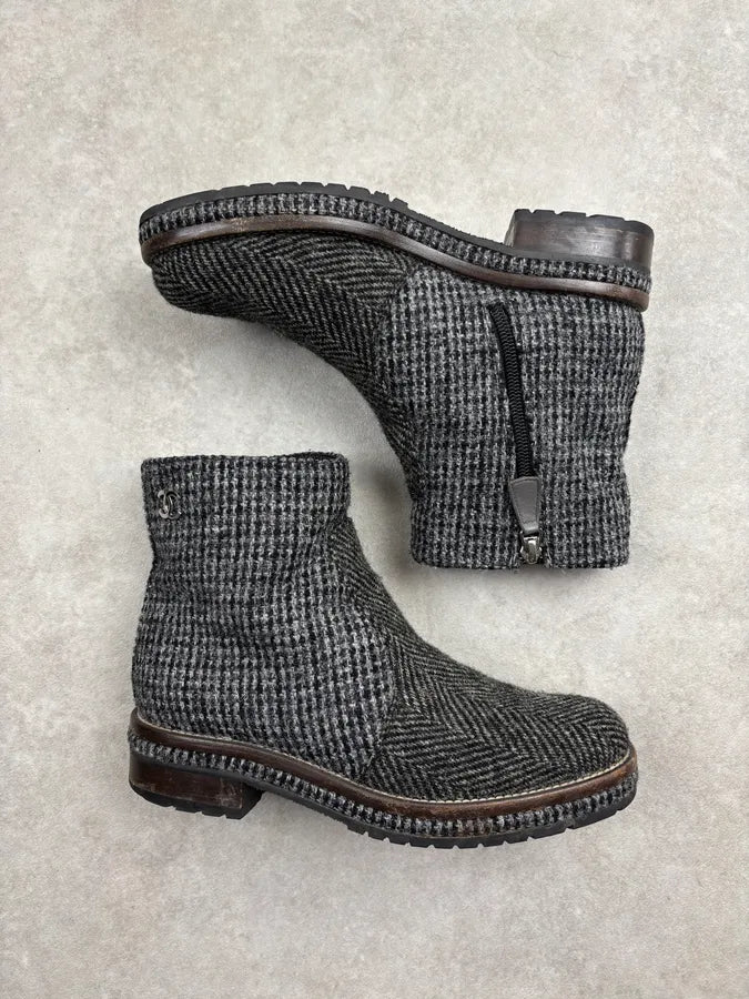 AW2013 Chanel Grey Tweed Tartan Wool Boots LJbOlbB 6