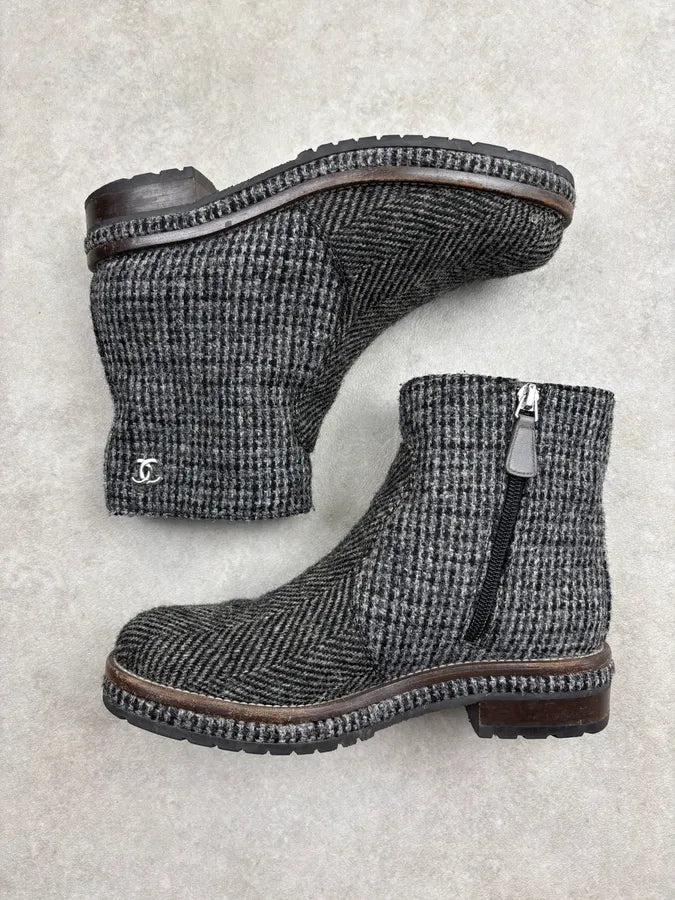 AW2013 Chanel Grey Tweed Tartan Wool Boots LJbOlbB 8