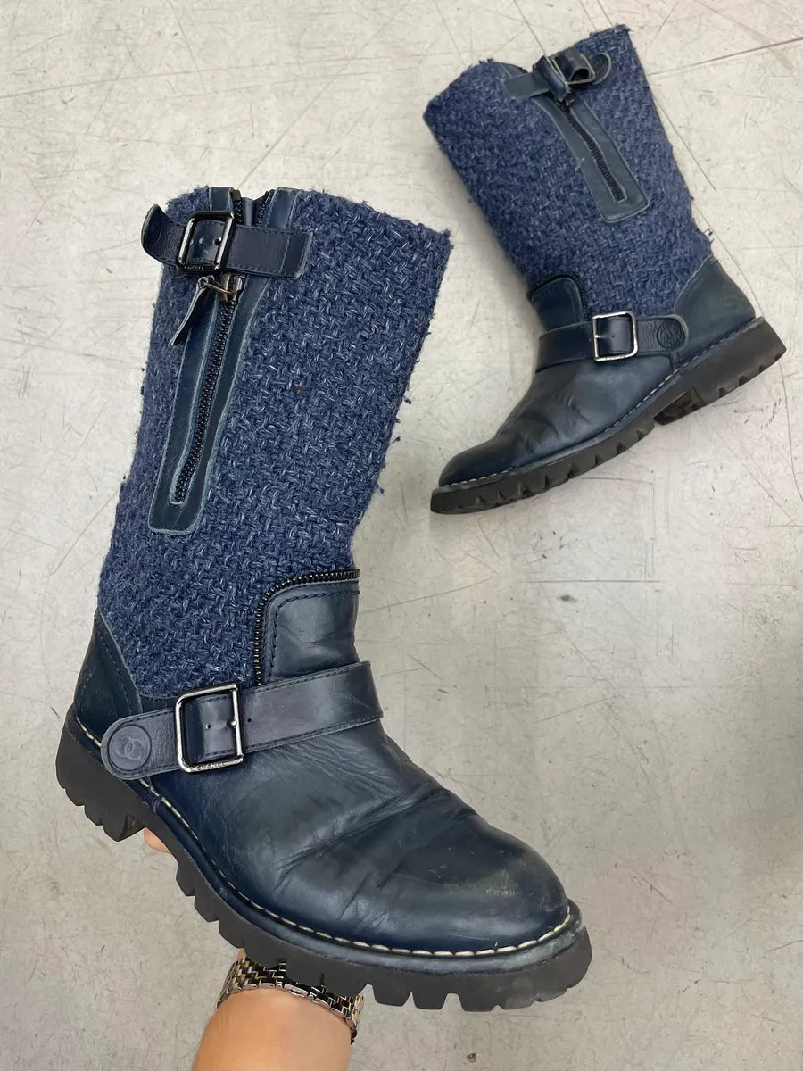 Chanel Navy Leather Tweed Buckle Combat Boots dzymLyG 0
