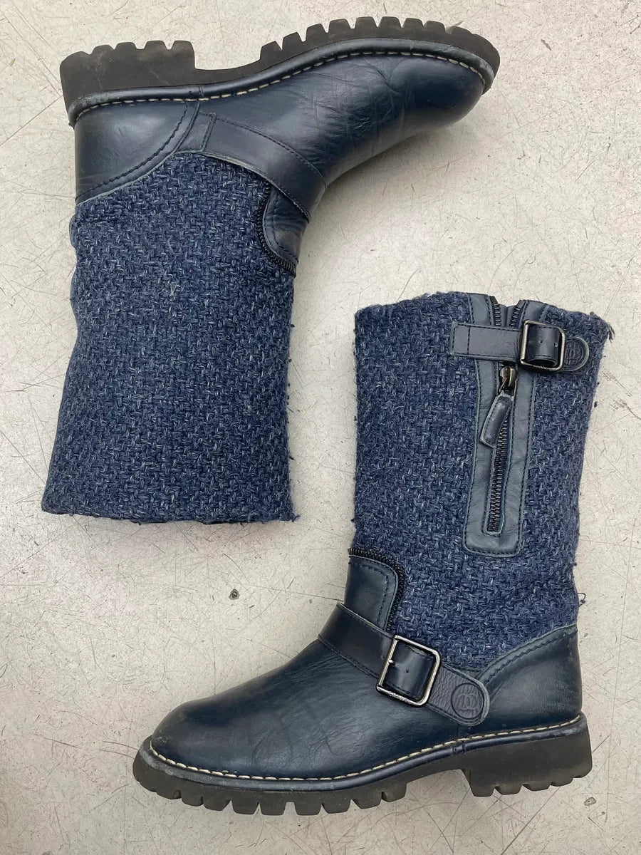 Chanel Navy Leather Tweed Buckle Combat Boots dzymLyG 1