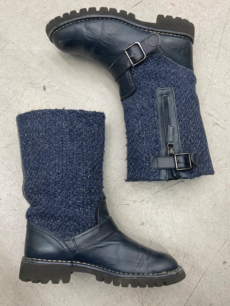 Chanel Navy Leather Tweed Buckle Combat Boots dzymLyG 2