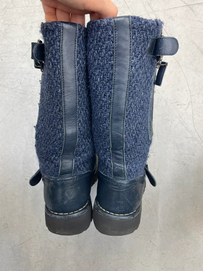 Chanel Navy Leather Tweed Buckle Combat Boots dzymLyG 5