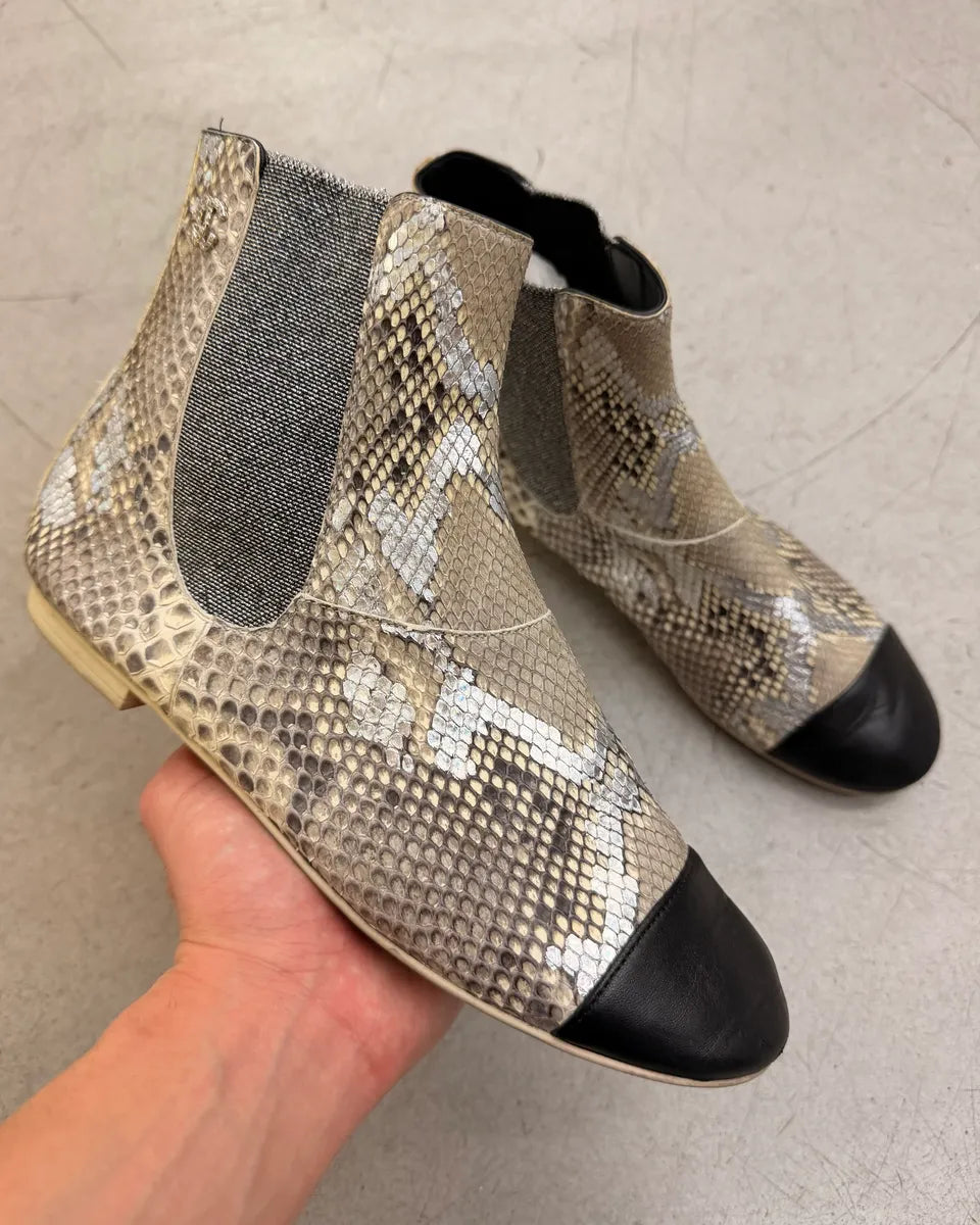 Chanel Python Leather Silver & Beige Boots UOwNzIi 0