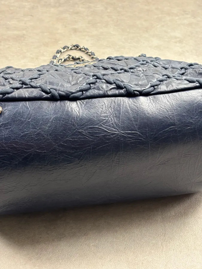 Chanel Navy Quilted Interlocking Woven Leather Large Tote Chain Bag dczoBlh 10