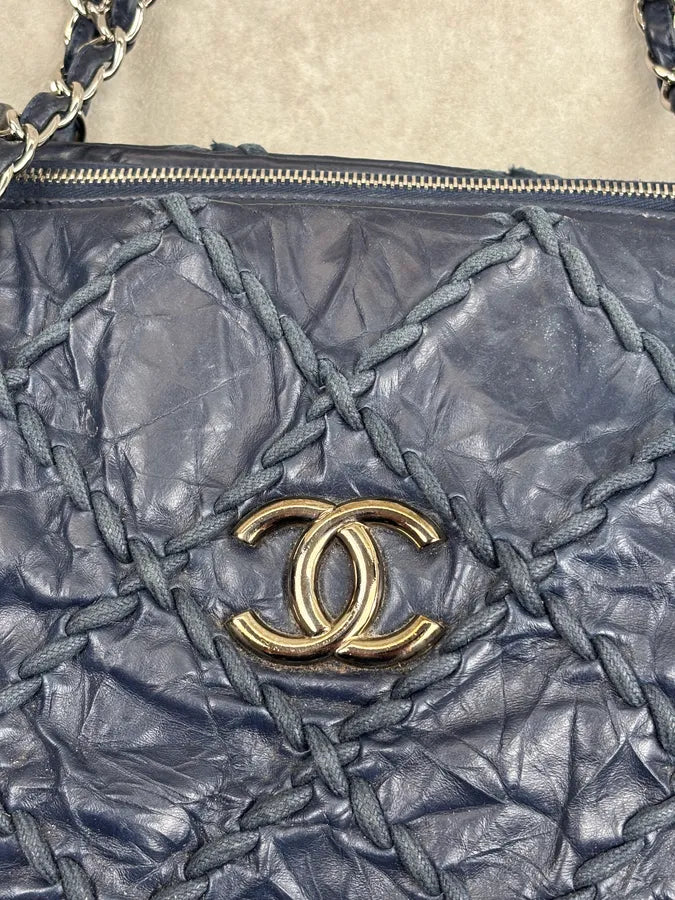Chanel Navy Quilted Interlocking Woven Leather Large Tote Chain Bag dczoBlh 5