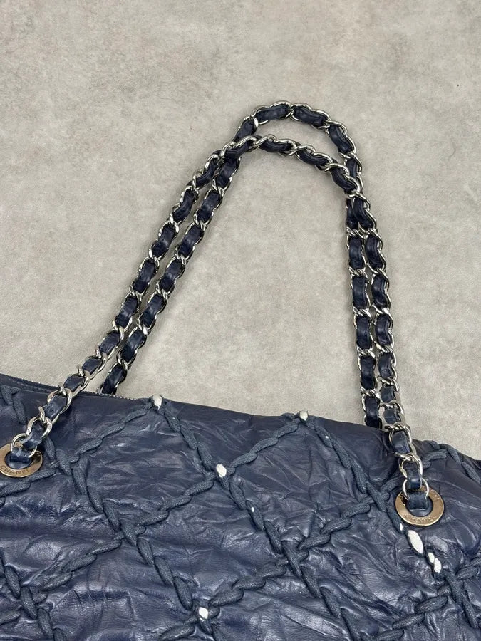Chanel Navy Quilted Interlocking Woven Leather Large Tote Chain Bag dczoBlh 13