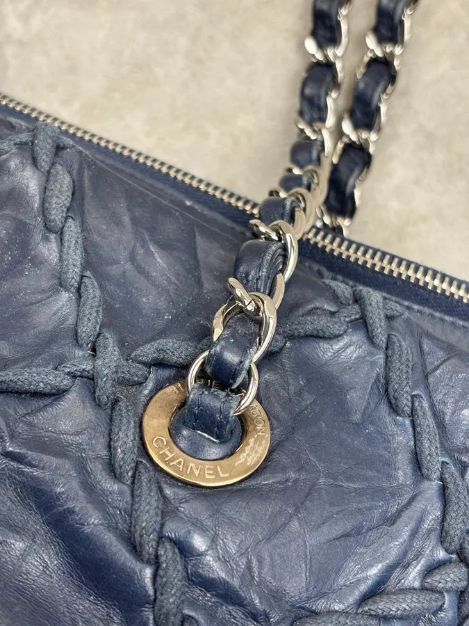 Chanel Navy Quilted Interlocking Woven Leather Large Tote Chain Bag dczoBlh 6