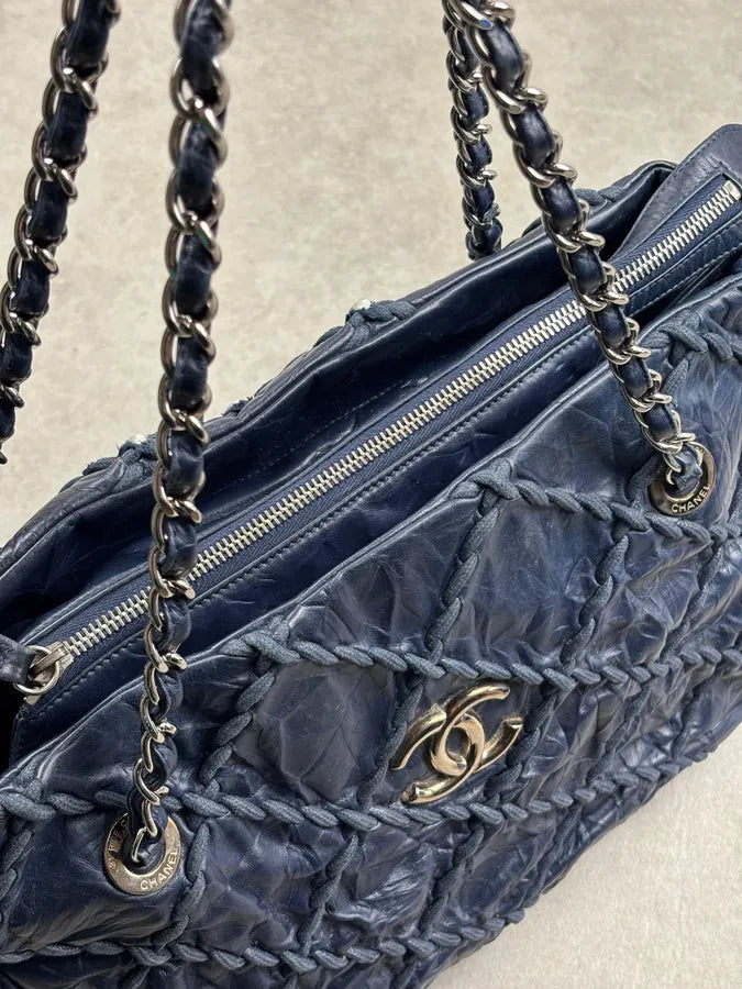 Chanel Navy Quilted Interlocking Woven Leather Large Tote Chain Bag dczoBlh 11