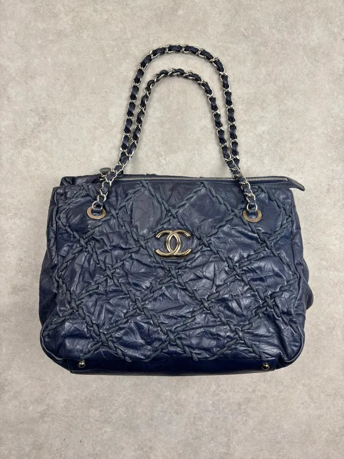 Chanel Navy Quilted Interlocking Woven Leather Large Tote Chain Bag dczoBlh 0