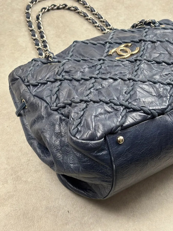 Chanel Navy Quilted Interlocking Woven Leather Large Tote Chain Bag dczoBlh 7