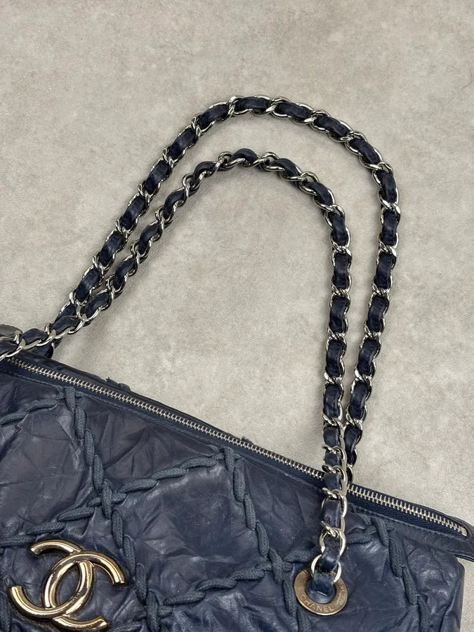 Chanel Navy Quilted Interlocking Woven Leather Large Tote Chain Bag dczoBlh 4