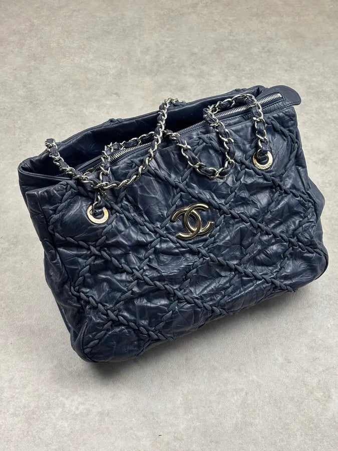 Chanel Navy Quilted Interlocking Woven Leather Large Tote Chain Bag dczoBlh 3