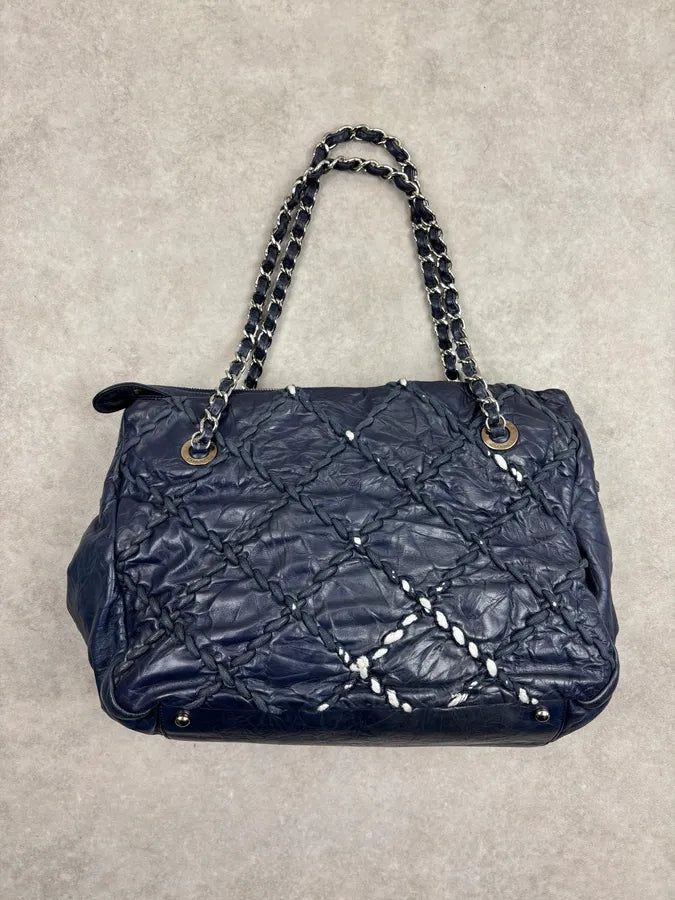 Chanel Navy Quilted Interlocking Woven Leather Large Tote Chain Bag dczoBlh 14