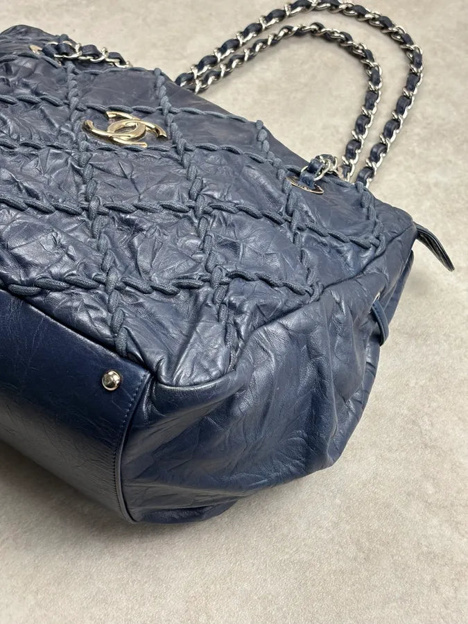 Chanel Navy Quilted Interlocking Woven Leather Large Tote Chain Bag dczoBlh 8