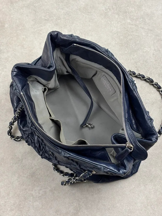 Chanel Navy Quilted Interlocking Woven Leather Large Tote Chain Bag dczoBlh 20